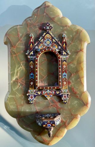 Antique French Cloisonne Holy Water Font Bronze Porcelaine Enamel Onyx Marble