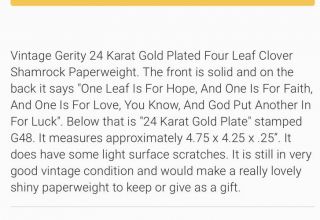 vintage Gerity 24k Gold Plated 4 Leaf Clover Shamrock Paperweight 2