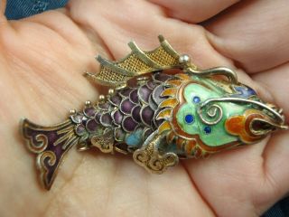 Antique Chinese Sterling Silver & Enamel Articulated Fish Pendant 13.  6Gr 2 1/4 