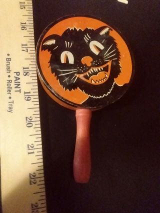 Vintage Halloween Tin Noise Maker Clacker Black Cat Rattle Antique