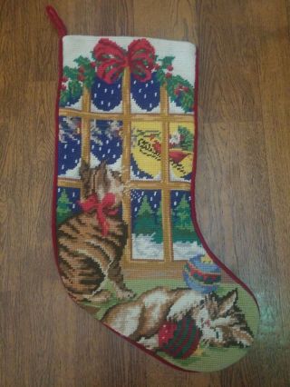 Gorgeous Vintage Wool Needlepoint Christmas Stocking Kitty Cat Santa 19 3/4 "