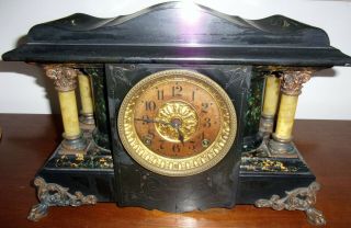 Antique Seth Thomas Adamantine Black Mantle Clock W/ 4 Columns