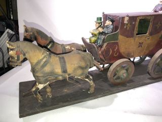 Antique Wood Folk Art Stagecoach Covered Wagon,  Figures,  Horses Primitive Old