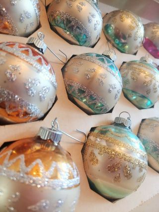 Set of 12 Vintage 70 ' s Shiny Brite Glass Christmas Ornaments Stencil Glitter 3
