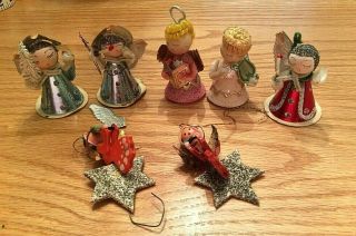 7 Vintage Wood/cardboard Christmas Angels Spun Cotton Chenille Pipe Cleaner Foil