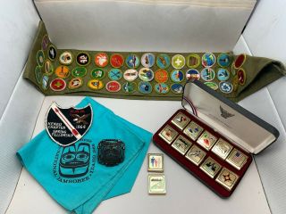 Vintage Boys Scouts Of America Merit Badge Sash,  Eagle Box,  Bolo Slides,  More