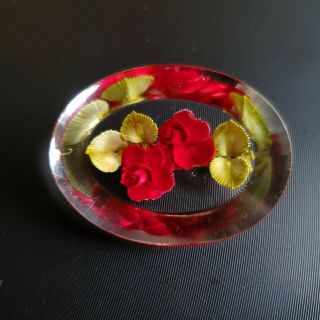 Vintage Red Rose Reversed Carved Lucite Brooch Pin