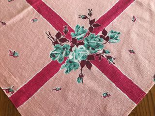 Vintage 32 " X36 " Pink Textured Cotton Print Tablecloth Turquoise Roses Floral