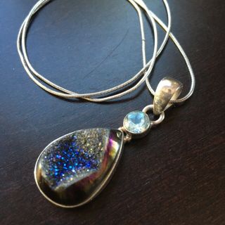 Vintage 925 Sterling Silver Blue Topaz And Blue Druzy Gemstone Pendant Necklace