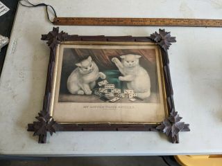 Antique Currier & Ives My Little White Kitties Playing Dominoes Antique Frame