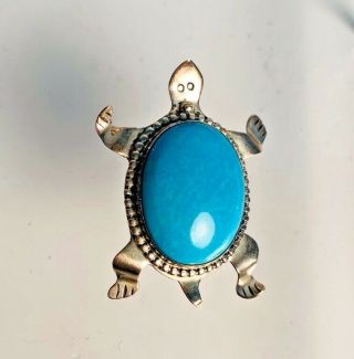 Vtg Running Bear Native American Sterling Silver Turtle Brooch Turquoise Rb