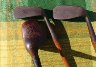 Set 3 Antique Hickory Wood Shaft Golf Clubs E.  Bedell X7 & X11 M.  N.  Driver W&d