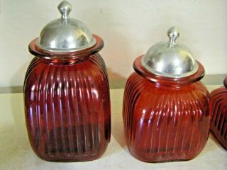 Vintage Artland Red Ribbed Glass Canister Set With Domed Metal Lids ...