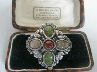 Vintage Signed Miracle Scottish Glass Agate Celtic Cross Brooch Kilt Pin