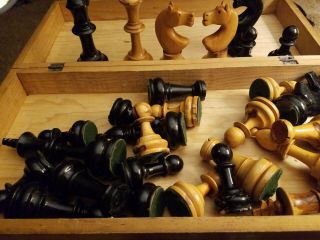 Vtg Antique Hand - Carved Olive Wood Chess Set&board Primitive Folk Art Game Piece