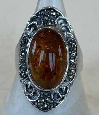 Large Vintage 925 Sterling Silver Amber Marcasite Ring