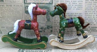 2 Vintage Red Green White Wood Rocking Horse Christmas Holiday Ornament Wooden