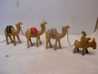 3 Vintage Christmas Hand Carved Wooden Nativity Camels & King Chain Connected