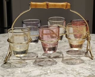 Vintage Shot Glasses In Retro Holder - Set Of 6 Coloured Shot Glasses