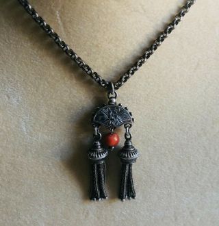 Antique Victorian Sterling Silver And Coral Pendant Necklace