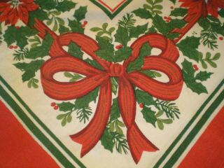 Vintage Cotton Christmas Print Tablecloth 58 " X 80 " Bows Flowers & Holly