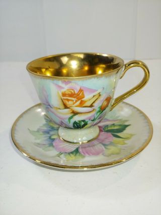 Vintage Saji Fine China Tea Cup Saucer Japan Made Flower Gold Plated Coffee