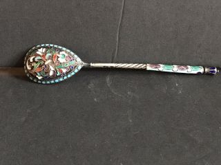 Antique Imperial Russian Silver 84 Cloisonne Enamel Spoon Signed