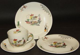 Alfred Meakin Brixham Fisherman Retro Vintage Cup Saucer & Two Plates