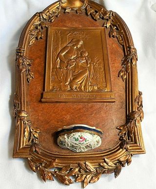 Antique Signed C Pittel French 13 " Madonna & Child Wood &bronze? Holy Water Font