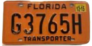 Florida G3765h Transporter Dealer License Plate 2015 Orange Tag