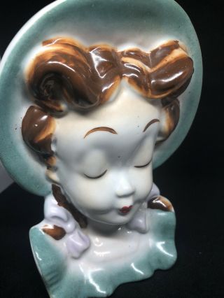 Vintage Royal Copley 6 3/4 " Pigtail Girl,  Lady Head Vase Wall Pocket Teal Color