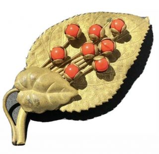 Vintage Art Deco Coral Glass Leaf Design Brooch Gold Tone Brass Old Clasp & Pin