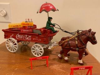 Vintage Antique Cast Iron Coca Cola Horse Drawn Wagon With Umbrella Cases Bottle