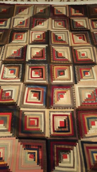 Vintage Antique Log Cabin Patchwork Quilt Hand Stitched Embroidered Many Fabrics