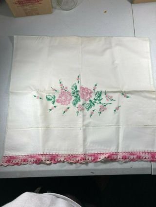 Vintage Pillowcases Hand Embroidered Flowers Floral Crocheted Matching Pair