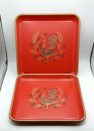 Set Of 2 Vintage Maxey Red Gold And Black Peacock Serving Tin Trays