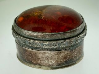 Sterling Silver Trinket Pill Box With Amber Stone Top Artist Signed " Bj " 925