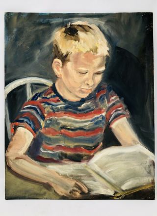 Vintage Mcm 1960’s Mollie Poupeney Boy Studying Oil Painting East Bay Orinda Ca