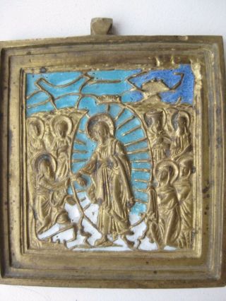 Antique Xixc Russian Bronze Enamel Icon The Resurrection (the Descent Into Hell)