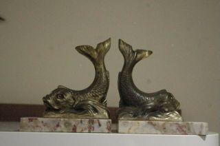 Antique French 1920 Art Deco Mythological Dolphins Book Ends Marble Spelter