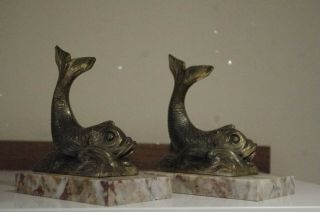 antique French 1920 art deco mythological dolphins book ends marble spelter 2