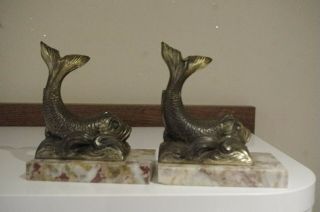 antique French 1920 art deco mythological dolphins book ends marble spelter 3