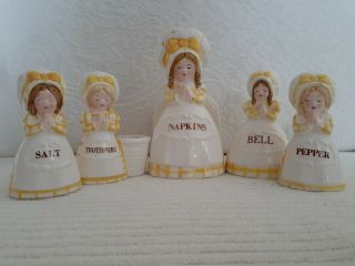 Vintage Prayer Lady Set Giftcraft Napkin Holder Salt Pepper Bell Toothpick