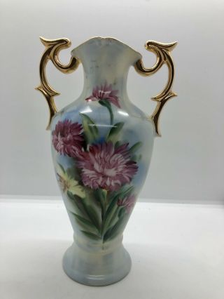 Vintage Ardco Hand Painted Pink Floral Vase With Gold Handles 8 "
