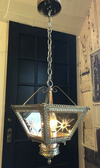 Vtg Ornate Brass Hanging Light Chandelier Hollywood Regency Starburst 4 Light