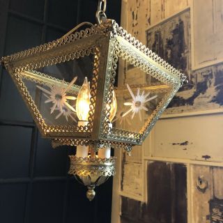 Vtg Ornate Brass Hanging Light chandelier hollywood regency starburst 4 light 2