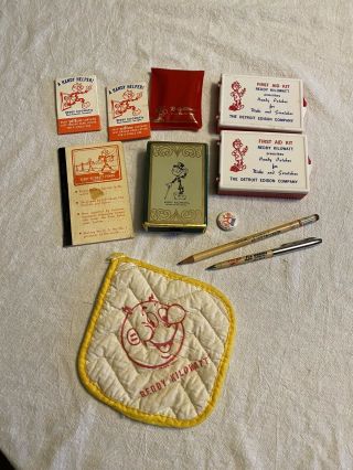 Vintage Reddy Kilowatt Items - Mechanical Pencil Pin Oven Mitt First Aid Cards,