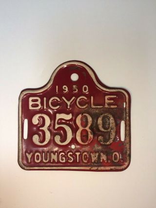 Vintage 1950 Youngstown Ohio Metal Bicycle License Plate 3589