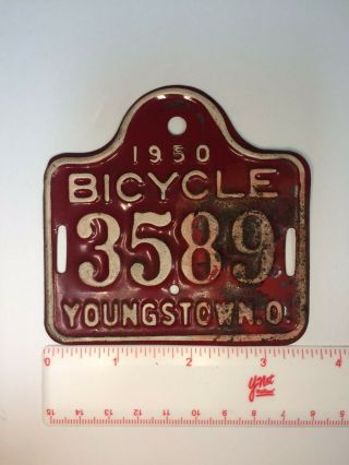VINTAGE 1950 YOUNGSTOWN OHIO METAL BICYCLE License Plate 3589 2