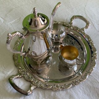 Vintage Oneida Silver Plate Tea Coffee Pot Serving Set Tray Teapot Silver - Plate